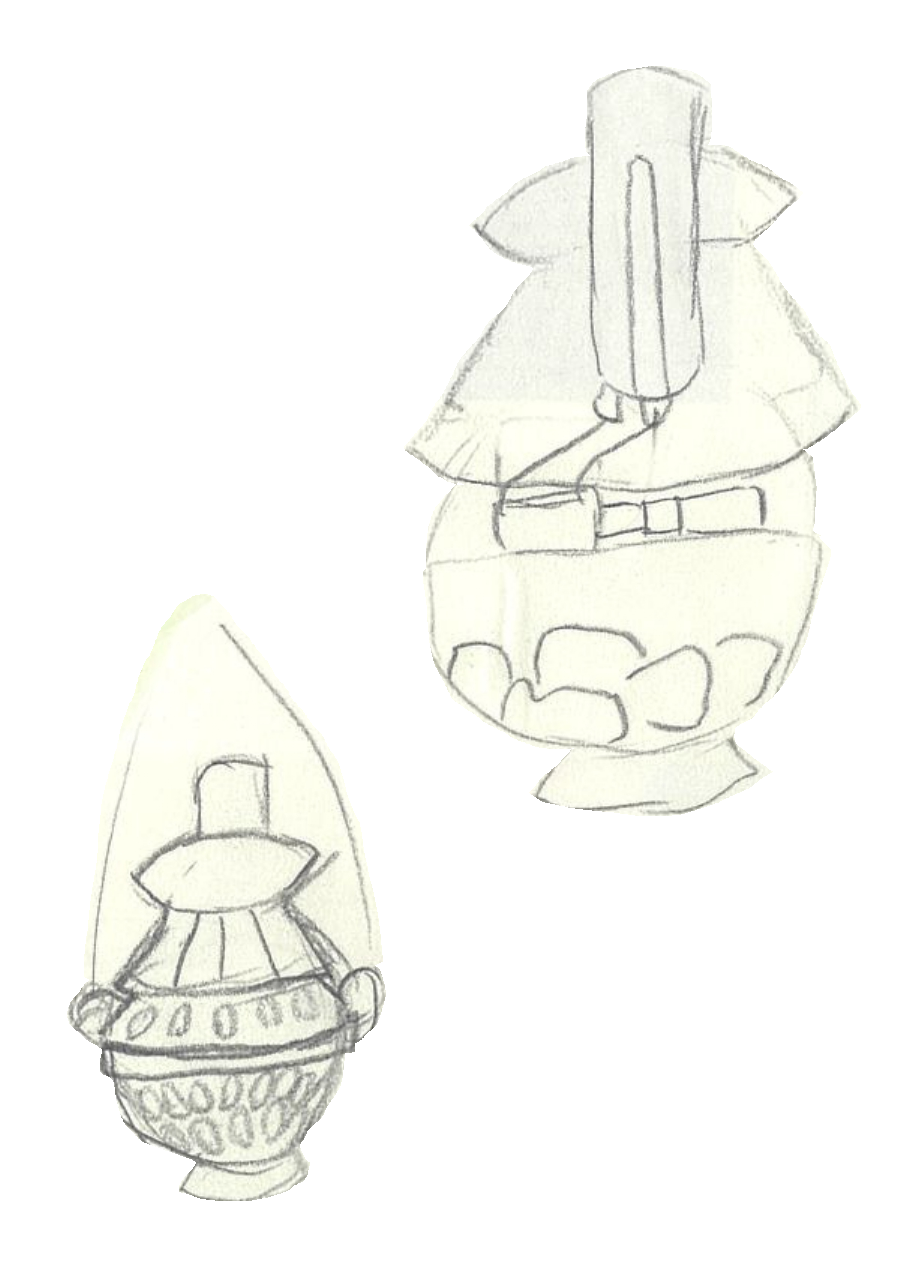 Sketch of Atomic incence burner used in detection ceremonies. It is constructed of three chambers, a induction chamber where air enters and is measured by a giger counter, a hot coal and incence chamber, and a dye pack chamber which changes the colour of incense smoke dependant on reads from the giger counter.